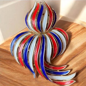 Trifari 1986 Statue of Liberty Flame Brooch, Red White Blue Enamel Patriotic Pin