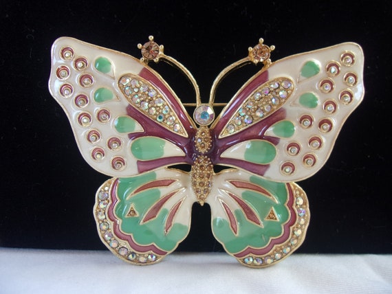 Avon Butterfly rhinestone brooch, Jade Green enam… - image 2