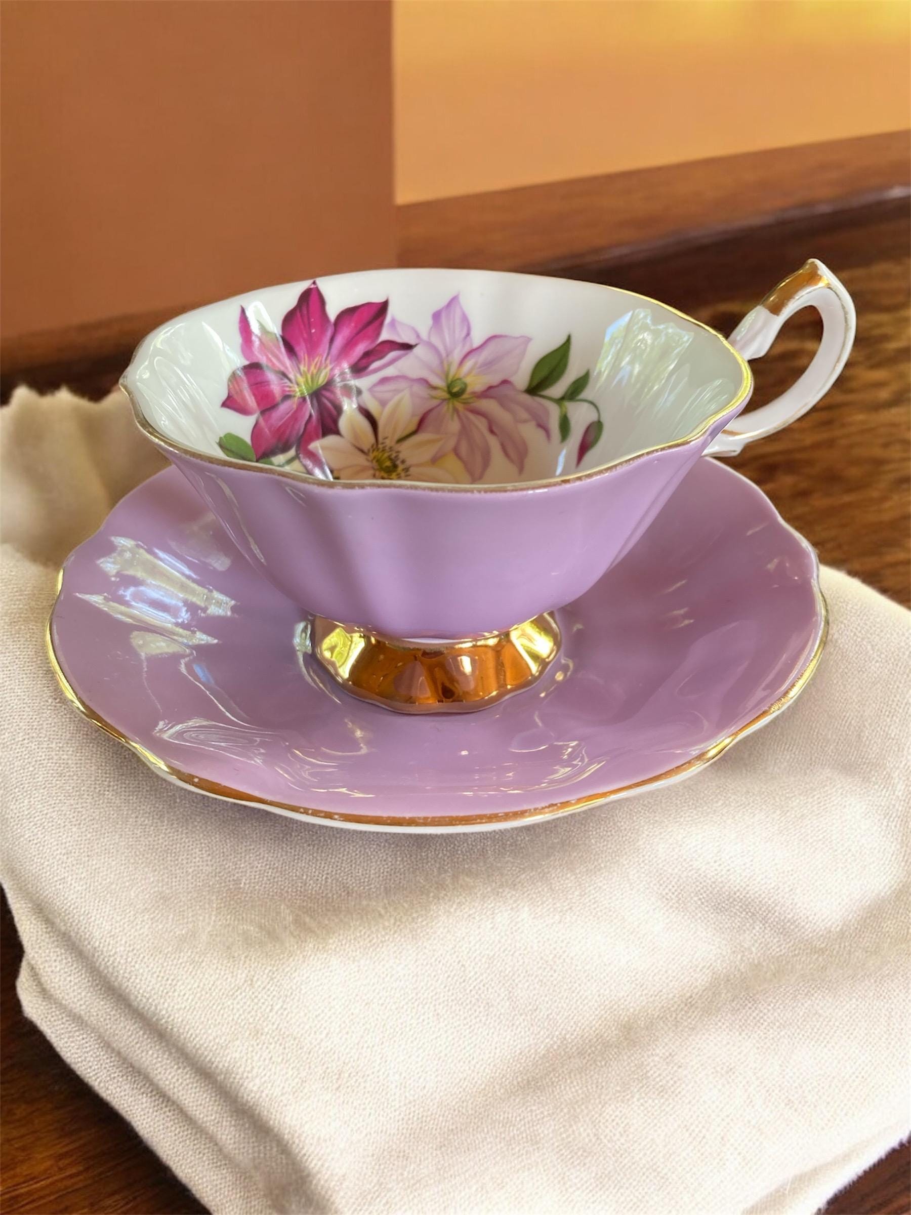 Queen Anne tea cup, Bone China Tea Set, antique romantic tea cup, Purple Clematis Tea Set, Rare Queen Anne Set