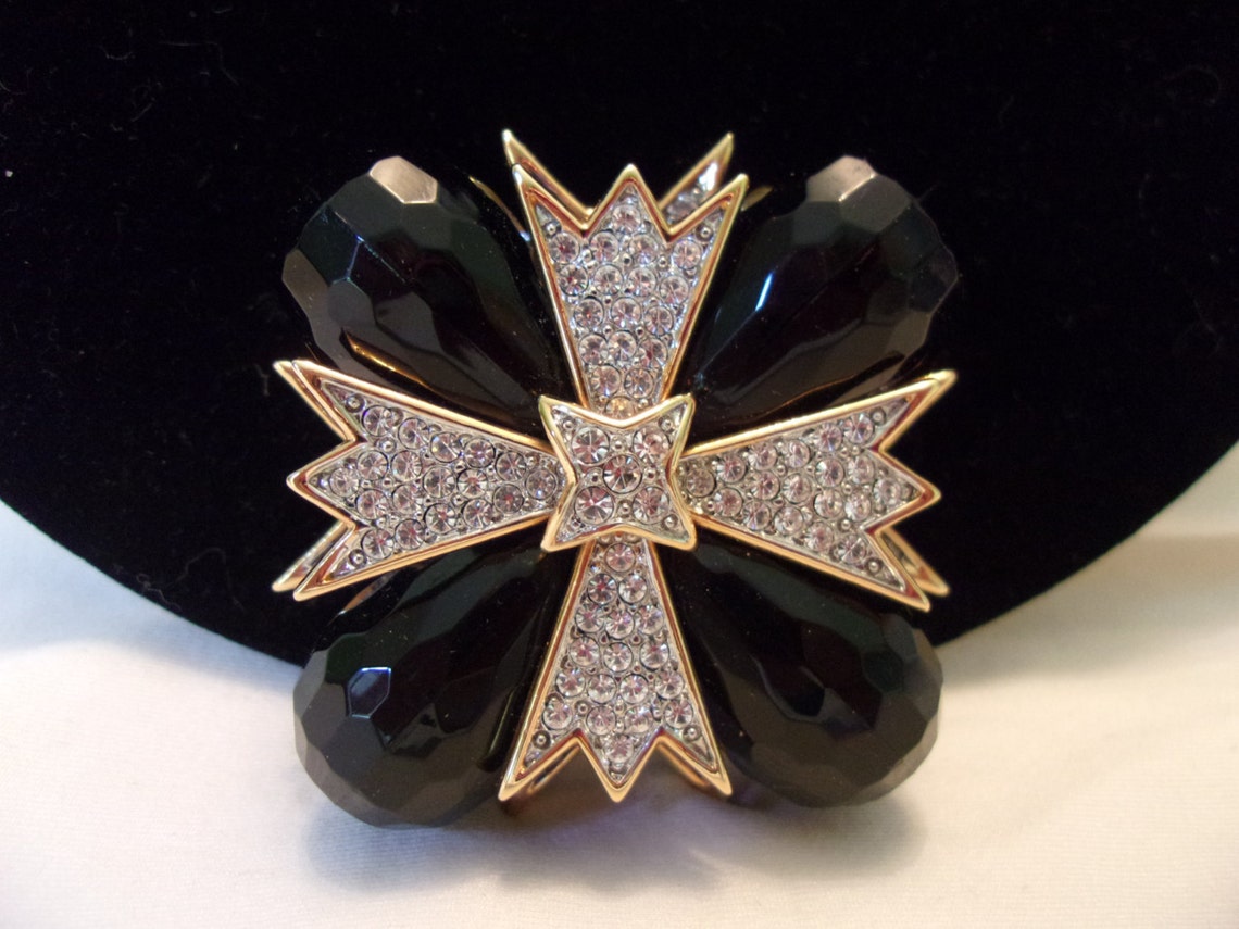 KJL Kenneth J Lane Maltese Cross Brooch Black White Glass | Etsy