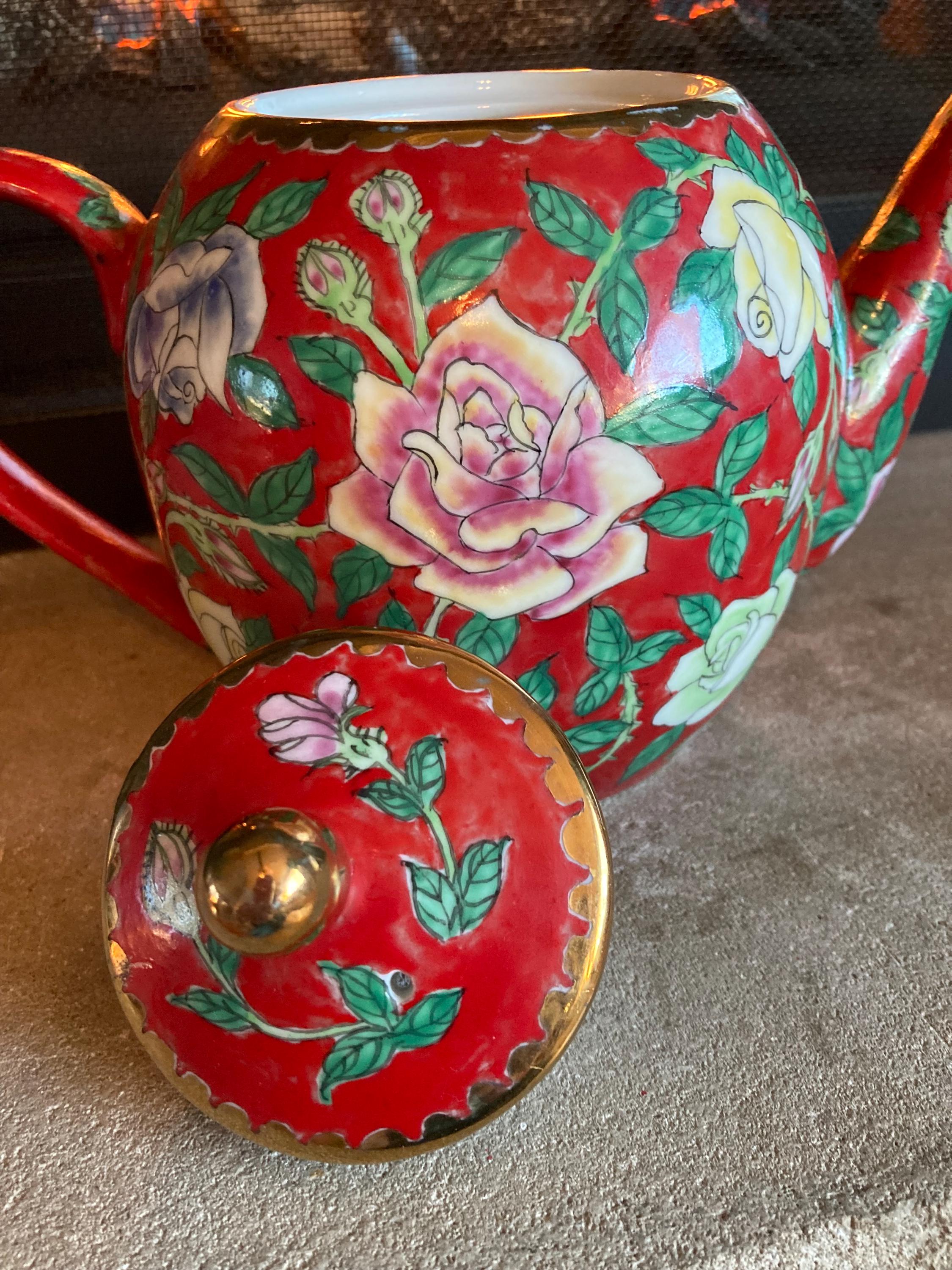 Vintage 1960s Chinese Mille Fleur Red Ceramic Teapot Pink Cottage