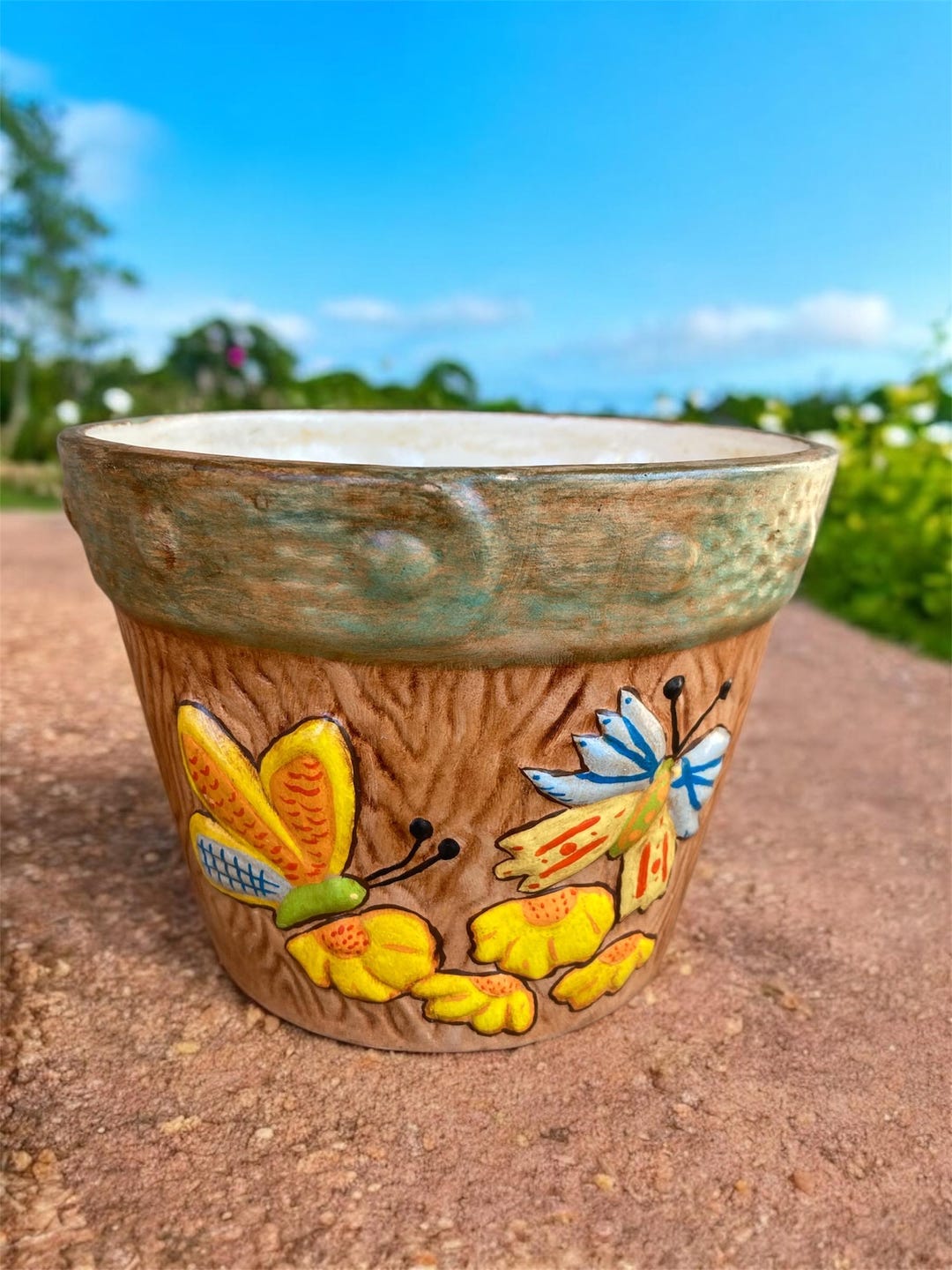 Vintage 1970s Gare Pottery Butterfly Sunflower Planter Woodland