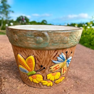 Hand-Painted Gare Butterfly Ceramic Flower Pot Planter: 1970s