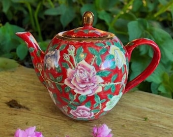 Vintage 1960s Chinese Mille Fleur Red Ceramic Teapot Pink Cottage