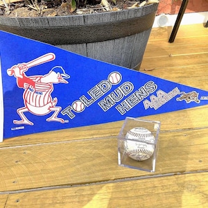 Puede incluir: Un banderín azul con las palabras "Toledo Mud Hens" y un pato de dibujos animados bateando un bate de béisbol. También se ve una pelota de béisbol en una caja transparente. El banderín también tiene las palabras "AAA Tigers Detroit".