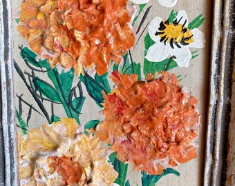 Stillleben mit orange-weißen Blumen, original signiertes Ölgemälde, Vintage-Kunst mit Holzrahmen, 1960er Jahre