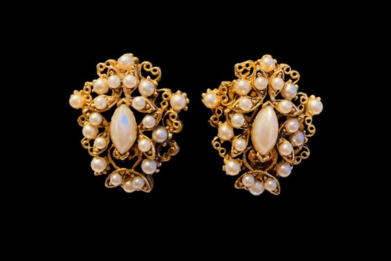 Florenza Pearl flower earrings, Gold Plate Seed P… - image 1