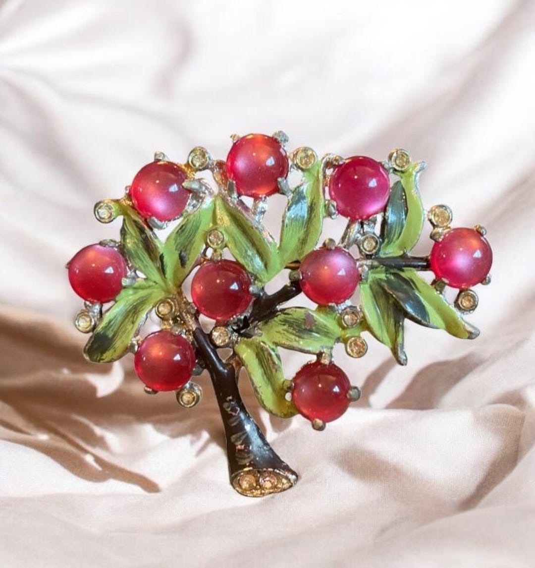 Coro Tree Brooch Pin, Pink Moonstone Enamel Pin, Rhinestone Tree Pin ...