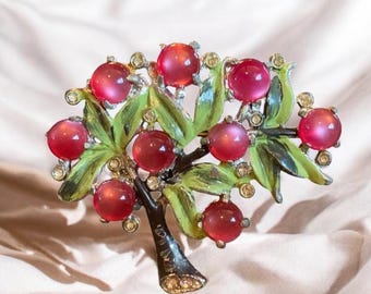 Coro Art Deco Tree Brooch: Vintage Pink Moonstone Rhinestone Pin