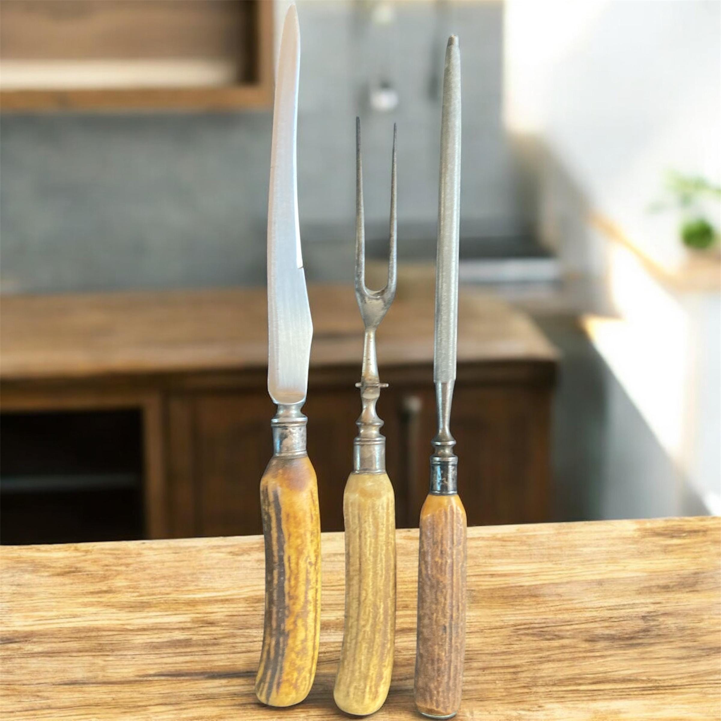 Vintage Stag Horn Carving Set Solingen German Steel Knife Fork