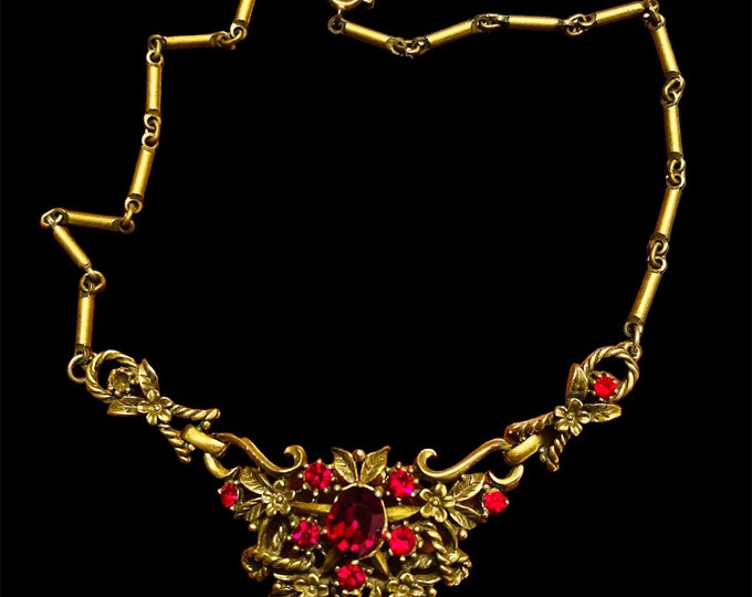 Early Coro Victorian Revival Red Rhinestone Vintage Gilded Brass Flower ...