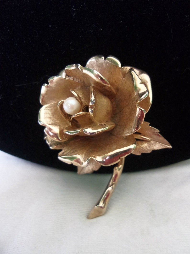 Boucher Rose Flower Gold Plate Brooch with Genuine Pearl Vintage Pin