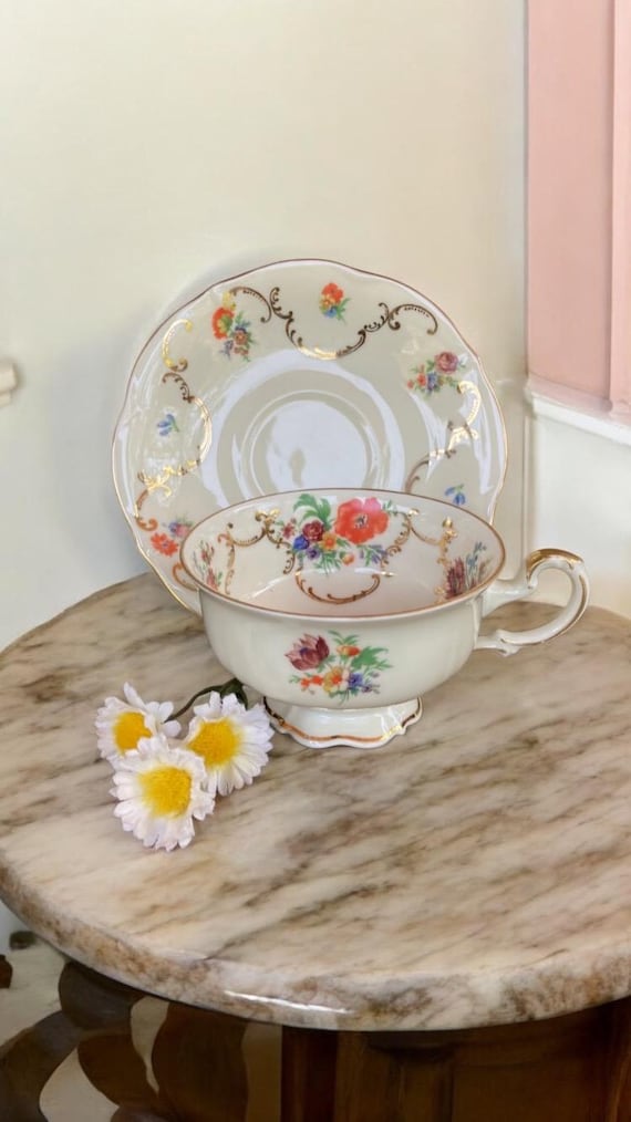 Edelstein Bavaria Germany Teetasse Untertassen Set Frühlingsblumenstrauß 24K Vergoldet 1950er Jahre Vintage