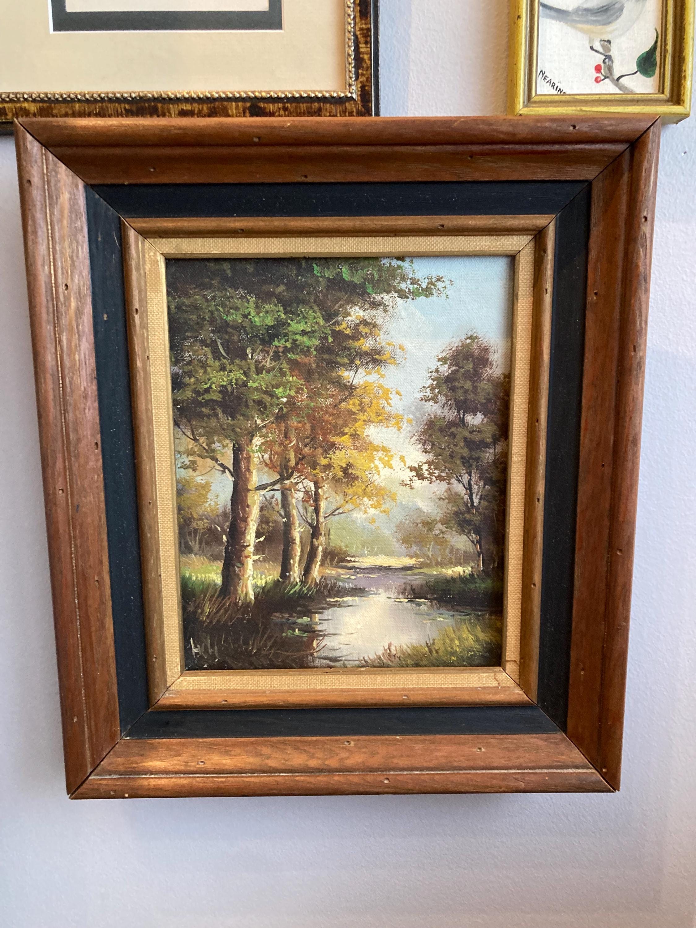 Vintage Mid Century Signed HH Forest River Landscape Oil Painting