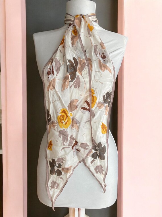 Vintage Oscar de la Renta Silk Scarf Gray Yellow Floral Long Designer Scarf