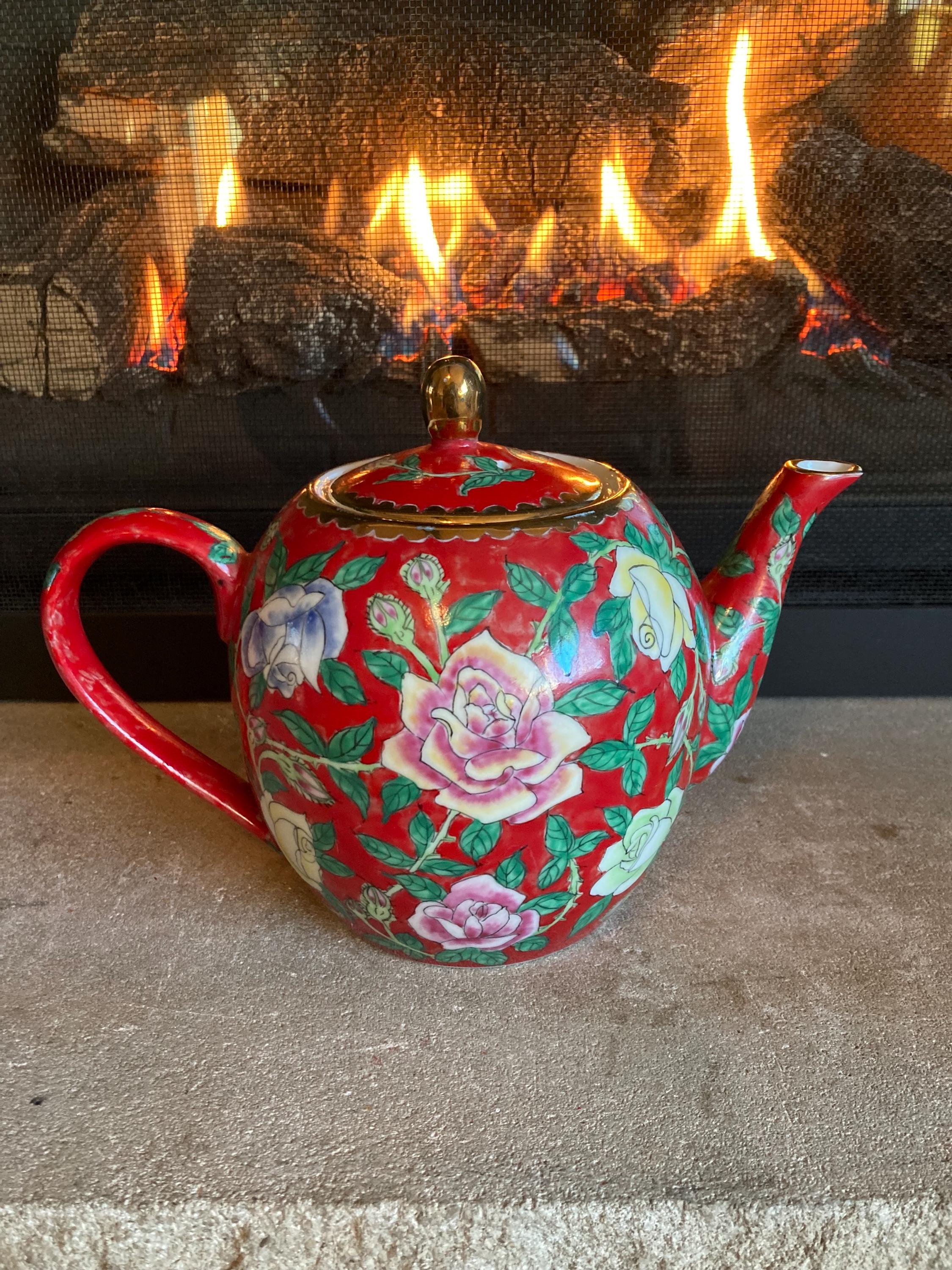 Vintage 1960s Chinese Mille Fleur Red Ceramic Teapot Pink Cottage