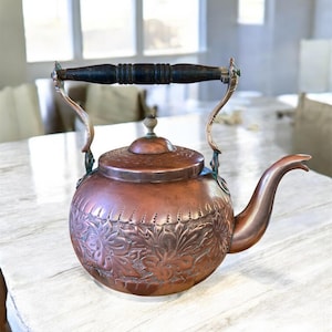 Antique Copper Tea Kettle: Ornate Leaf Design, Wood Handle