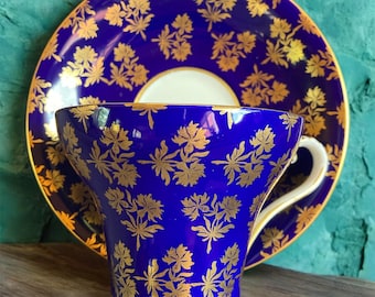 Antique Aynsley Tea Cup Saucer Cobalt Blue Gold Floral Fine English Bone China