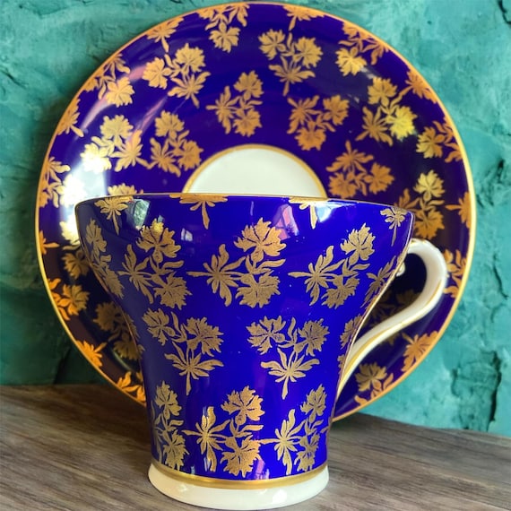 Antique Aynsley Tea Cup Saucer Cobalt Blue Gold Floral Fine