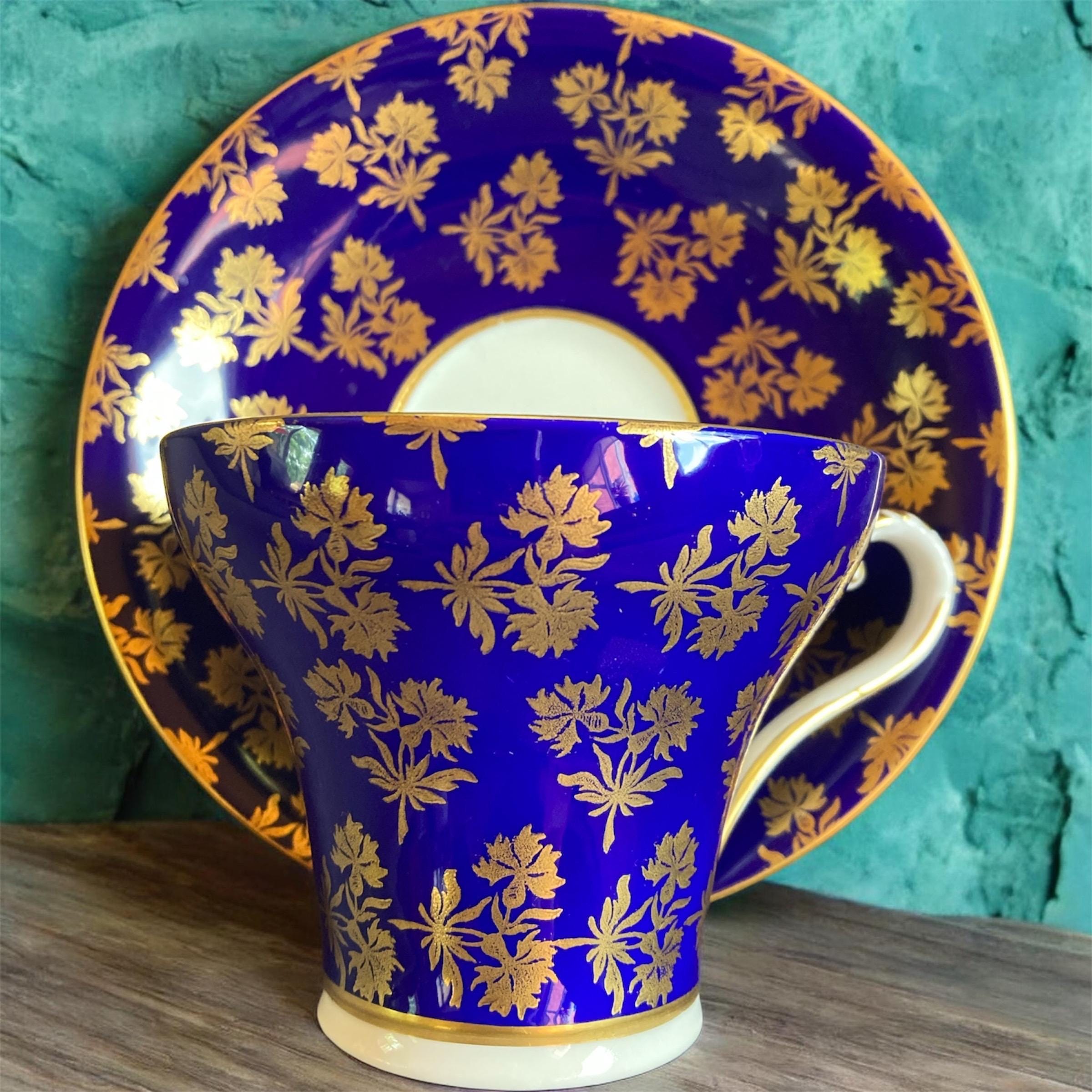 Antique Aynsley Tea Cup Saucer Cobalt Blue Gold Floral Fine