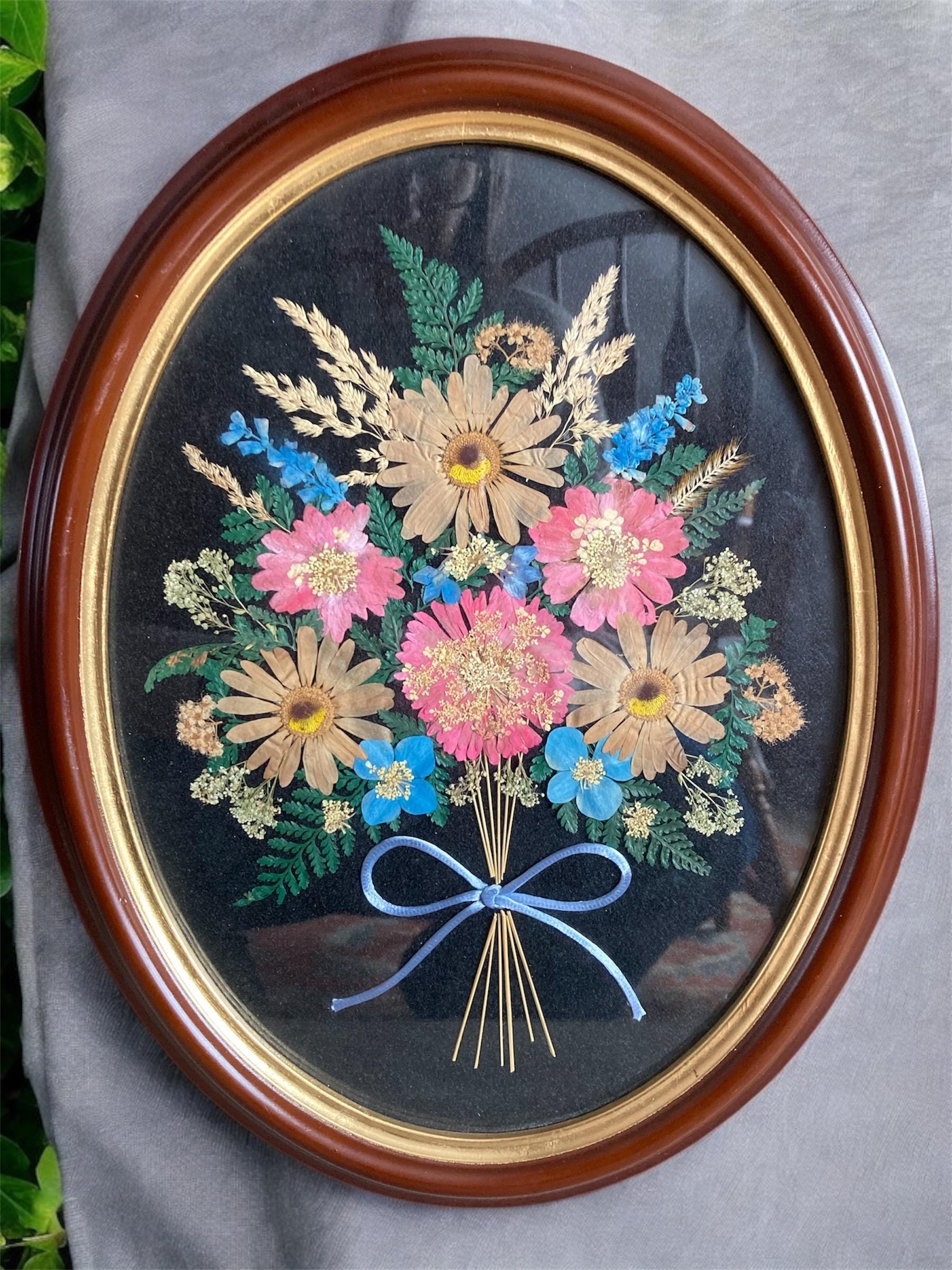Dried Bouquet Flowers Art, Oval Wood Frame, Pressed Flower Collage Art, Marie Hegewald