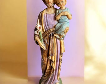 ヴィンテージの聖ヨセフの幼子イエス像、手描きのE.T.イタリア製フィギュア