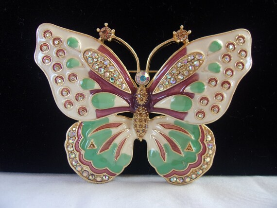 Avon Butterfly rhinestone brooch, Jade Green enam… - image 6