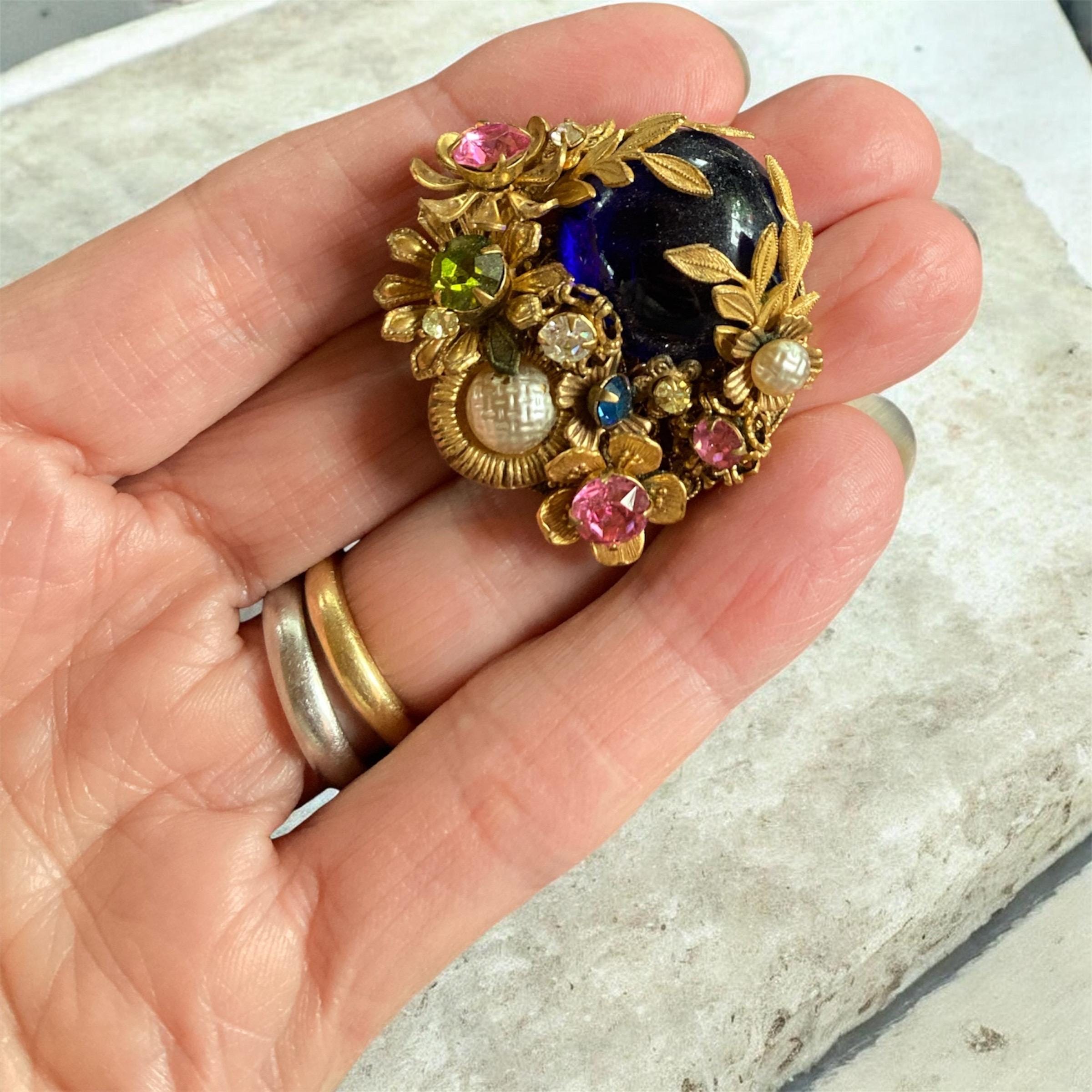 Vintage Miriam Haskell Flower Brooch Signed Cobalt Blue Poured
