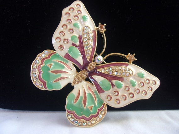 Avon Butterfly rhinestone brooch, Jade Green enam… - image 4