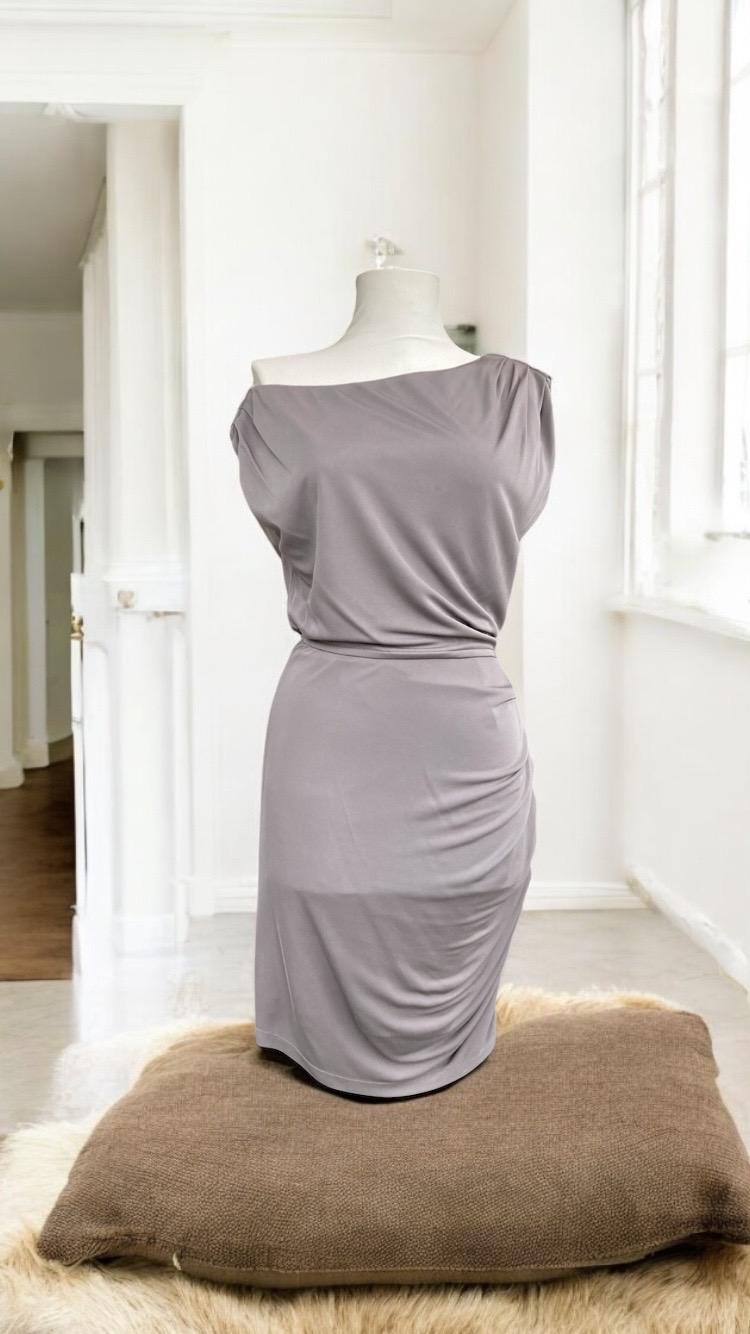 halston eden asymmetrical dress Heritage Gray Dress, off Shoulder Ruched Sheath Size 0 cinched side waist