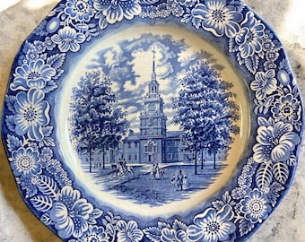 Blue and White Transferware Plate, Vintage Liberty Blue Independence Hall Decor