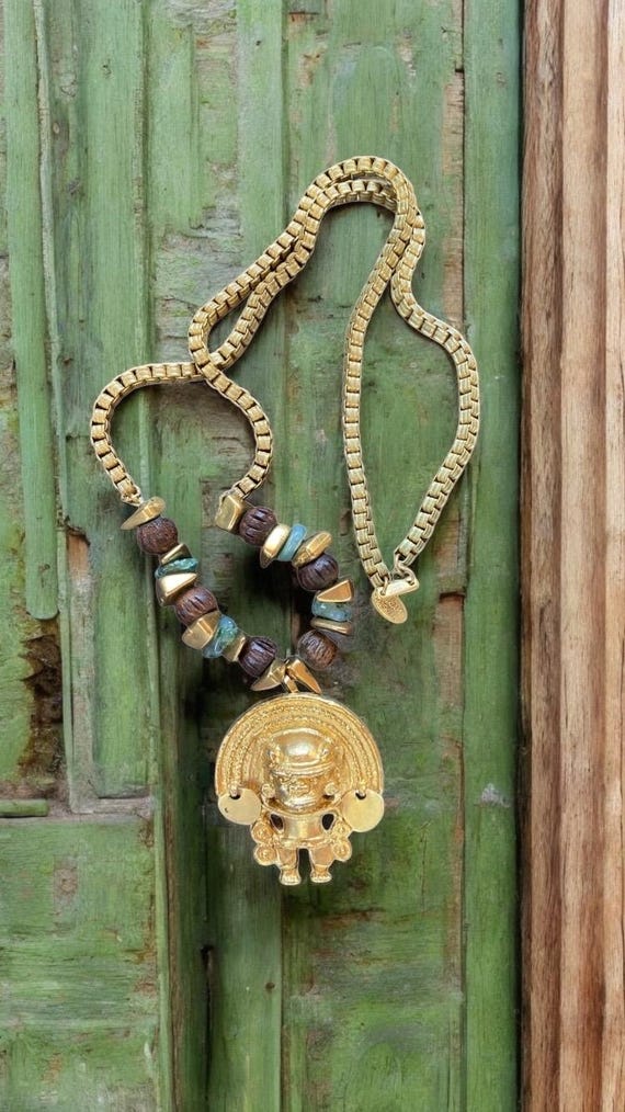 Vintage Miriam Haskell Aztec Warrior Pendant Necklace - 1970s Boho