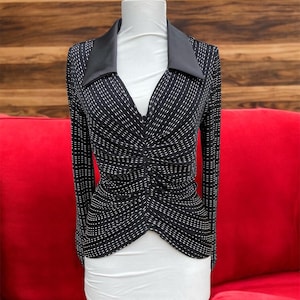Ruched Black & White Polka Dot Top: La Nuit Retro Glam Blouse