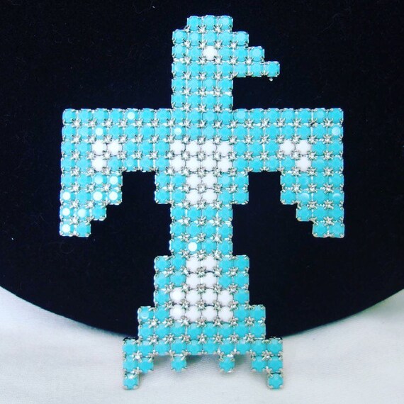 Dorothy Bauer Thunderbird Native American Design Glass Rhinestone Turquoise Blue Silver Plate Brooch Pin Vintage