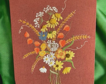 Vintage 70s Crewel Embroidery: Summer Flower Needlepoint Wall Art