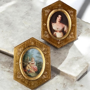 Par vintage G. Vanghi Florence miniatyrer Lady Conyngham & Boucher barn diamantramar 5x3.5