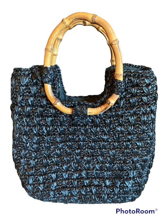 Vintage Black raffia Bag, Black Raffia Straw Tote… - image 1