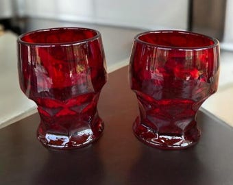Vintage Mosser Ruby Red Tumblers: Georgian Honeycomb Blown Glass, Set of 2