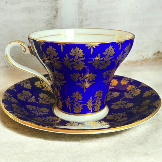 Antique Aynsley Tea Cup Saucer Cobalt Blue Gold Floral Fine