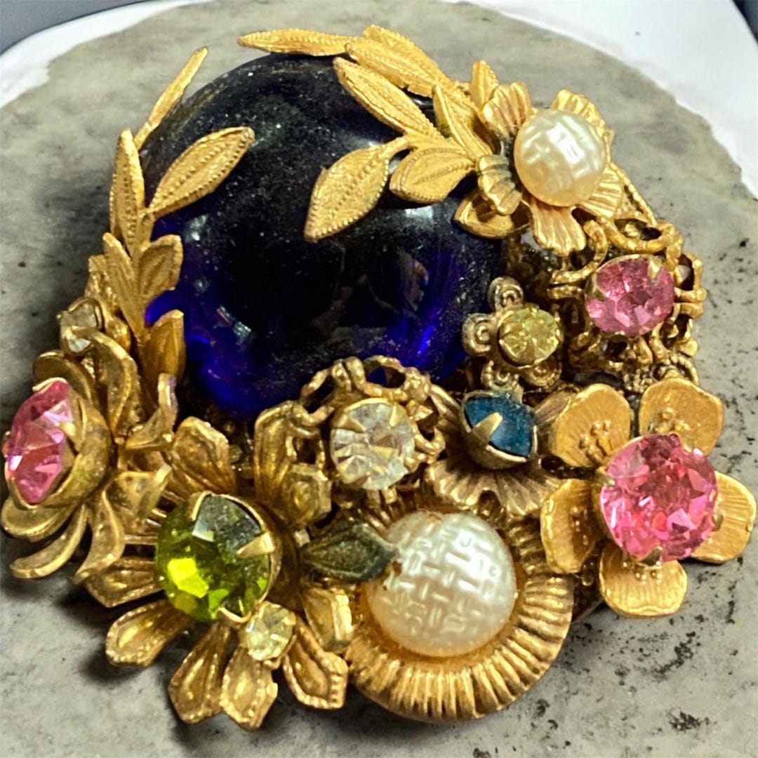 Vintage Miriam Haskell Flower Brooch Signed Cobalt Blue Poured