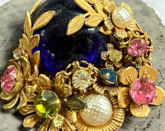 Vintage Miriam Haskell Flower Brooch Signed Cobalt Blue Poured