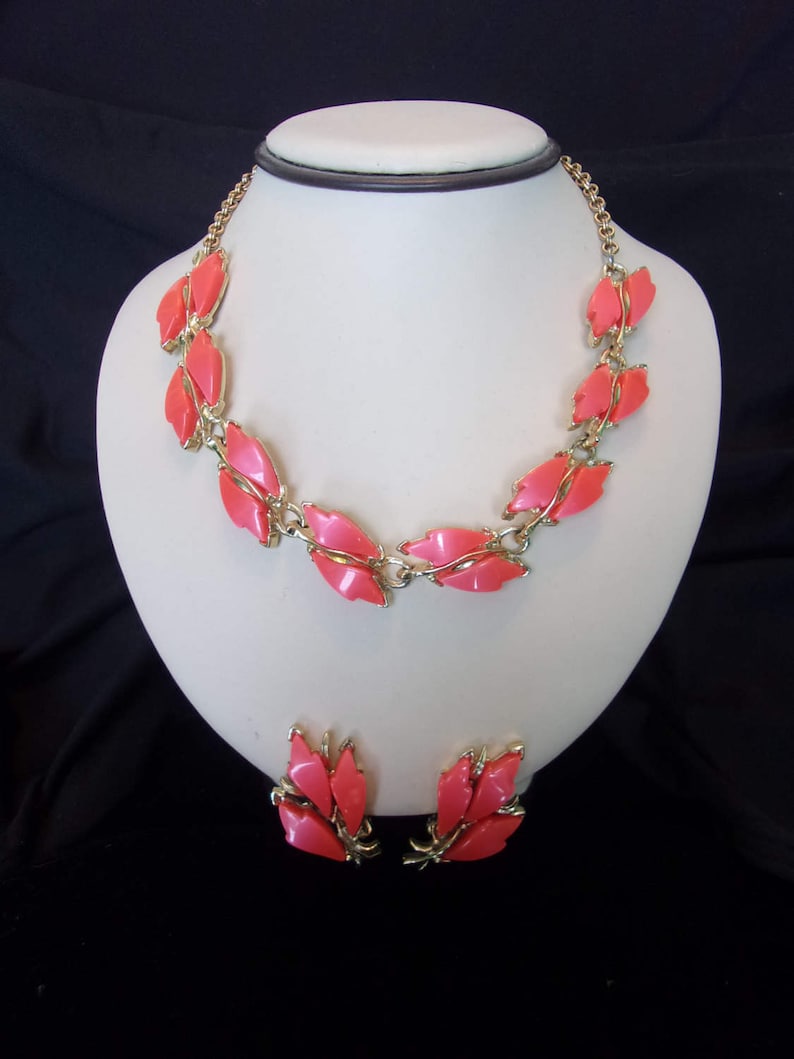 Coro Designer Signed Thermoset Plastic Coral Orange Leaf Flower Necklace Earrings Gold Plate Set