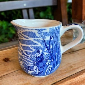 Antique Blue White creamer, small pitcher pastoral scene, England Blue transferware, farmhouse kitchen decor