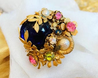Signed Miriam Haskell Gold Brooch, Vintage Floral Blue Glass
