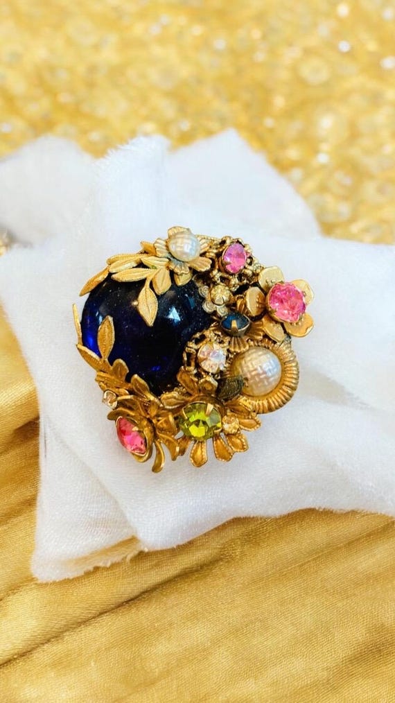 Signed Miriam Haskell Gold Brooch, Vintage Floral Blue Glass