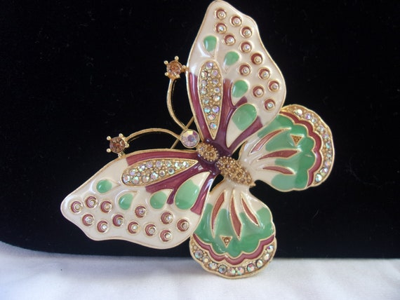 Avon Butterfly rhinestone brooch, Jade Green enam… - image 5