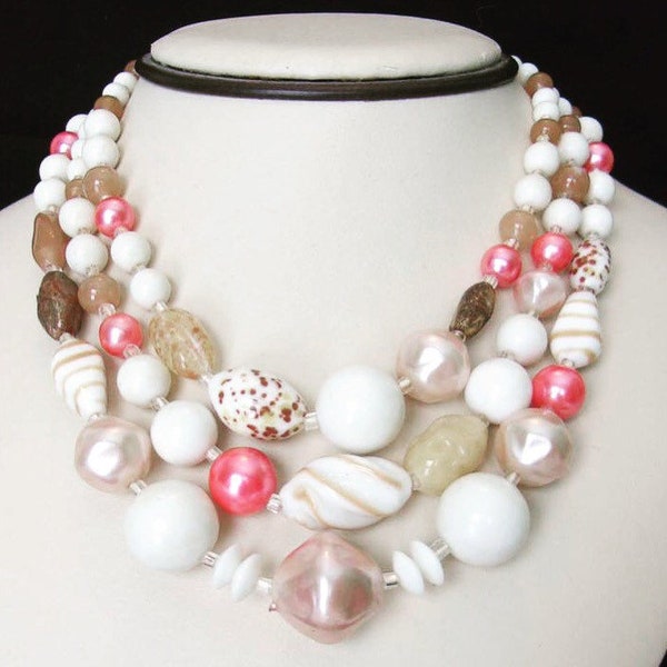 Japan Vintage Pink White Glass Bead Collar Designer Necklace Beach Resort