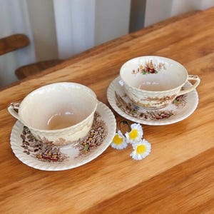 Johnson Bros Brown Transferware Teacup Set: Castle on the Lake, 1930s Vintage