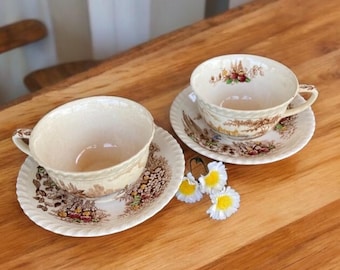 Antique brown transferware Teacups, Johnson bros tea set, romantic farmhouse kitchen tea set, English cottage tea set
