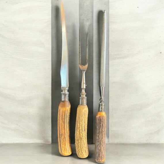 Vintage Stag Horn Carving Set Solingen German Steel Knife Fork
